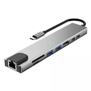 TECH-PROTECT HB09 Adaptador hub 8 en 1 USB-C a USB-A 3.0, USB-C 3.0, HDMI 4K 60Hz, SD/TF, PD 100W, RJ45 Gigabit Ethernet, Space Grey