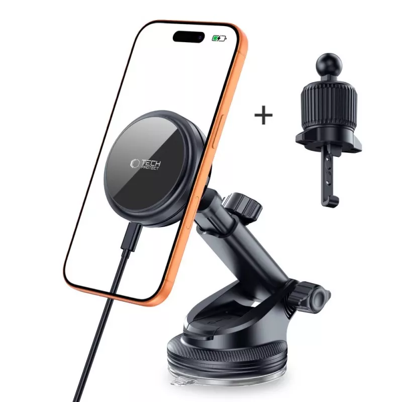 TECH-PROTECT V9 ARCTICBOOST Soporte magnético MagSafe para salpicadero y rejilla del coche con cargador inalámbrico 25W Qi2.2 Negro
