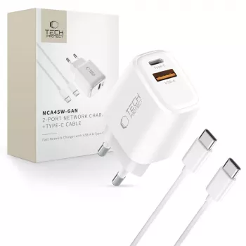 TECH-PROTECT NCA45W-GAN Cargador de red 2 puertos PD 45W / QC3.0 + cable USB-C Blanco