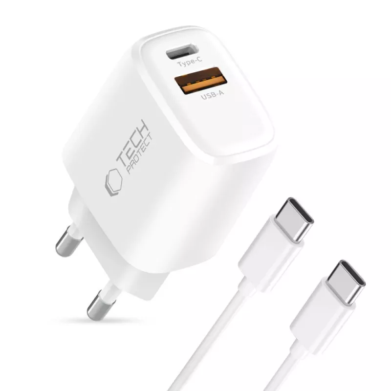 TECH-PROTECT NCA45W-GAN Cargador de red 2 puertos PD 45W / QC3.0 + cable USB-C Blanco