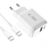 TECH-PROTECT NCA45W-GAN Cargador de red 2 puertos PD 45W / QC3.0 + cable USB-C Blanco