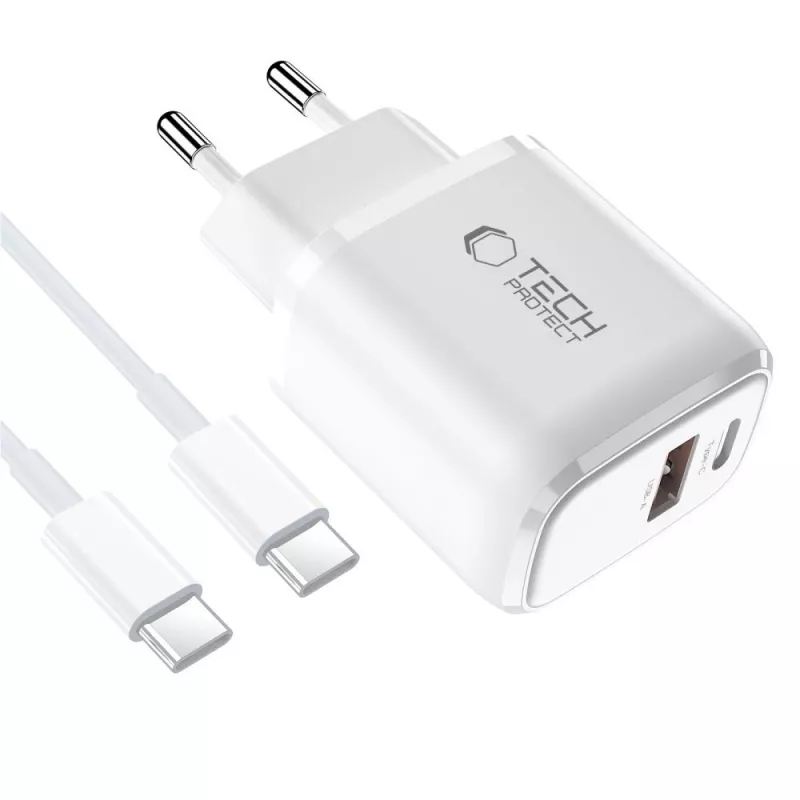 TECH-PROTECT NCA45W-GAN Cargador de red 2 puertos PD 45W / QC3.0 + cable USB-C Blanco