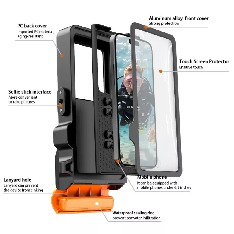 TECH-PROTECT IPX8 PRO Funda impermeable universal para buceo Negro/Naranja