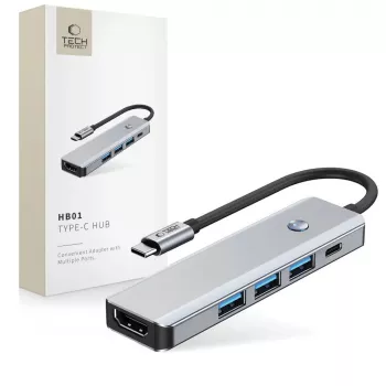 TECH-PROTECT HB01 HUB ADAPTADOR 5IN1 TYPE-C + USB3.0 + HDMI 4K 60HZ + PD100W GRIS ESPACIAL