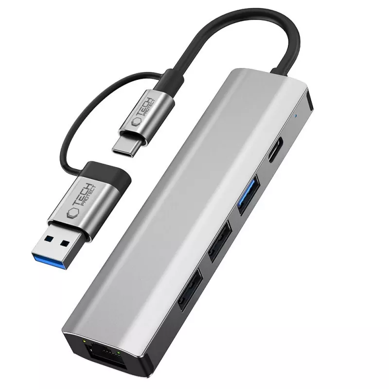 TECH-PROTECT HB03 Adaptador hub 5en1 Type-C + USB 2.0 + USB 3.0 + RJ45 Gris espacial