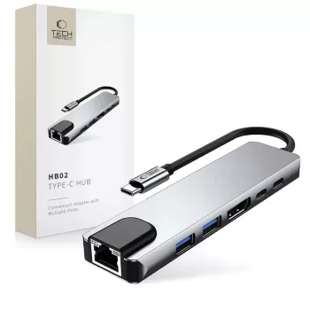 TECH-PROTECT HB02 Adaptador HUB 6 en 1 USB-C + USB 2.0 + USB 3.0 + HDMI 4K 30Hz + RJ45 + PD 100W Gris espacial