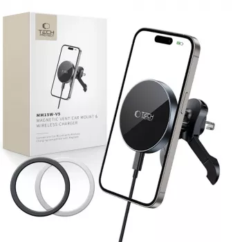 TECH-PROTECT MM15W-V5 Soporte magnético MagSafe estable para rejilla del coche con cargador inalámbrico 15W Negro/Negro
