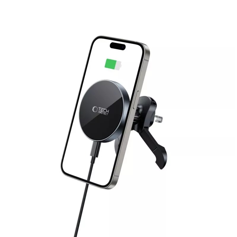TECH-PROTECT MM15W-V5 Soporte magnético MagSafe estable para rejilla del coche con cargador inalámbrico 15W Negro/Negro