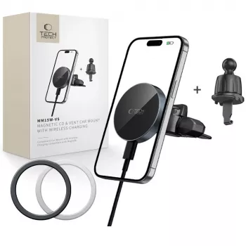 TECH-PROTECT MM15W-V5 Soporte magnético MagSafe para CD y rejilla del coche, cargador inalámbrico 15W Negro