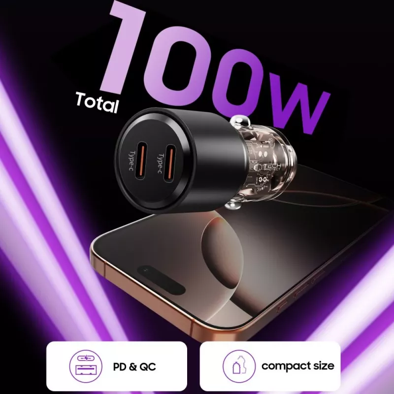 TECH-PROTECT CC03 Cargador de coche 2 puertos PD 100W Negro