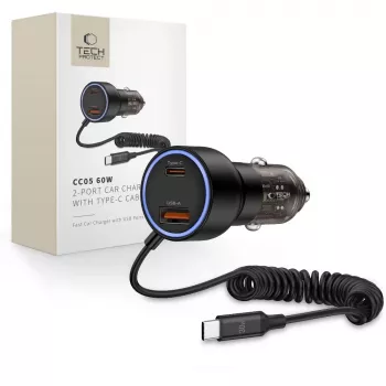 TECH-PROTECT CC05 Cargador de coche 2 puertos PD 60W + cable Negro