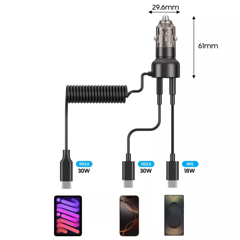 TECH-PROTECT CC05 Cargador de coche 2 puertos PD 60W + cable Negro