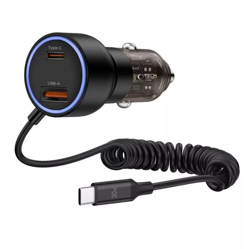TECH-PROTECT CC05 Cargador de coche 2 puertos PD 60W + cable Negro