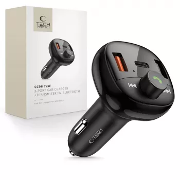 TECH-PROTECT CC06 Cargador de coche de 3 puertos PD 72W + Transmisor FM Bluetooth Negro