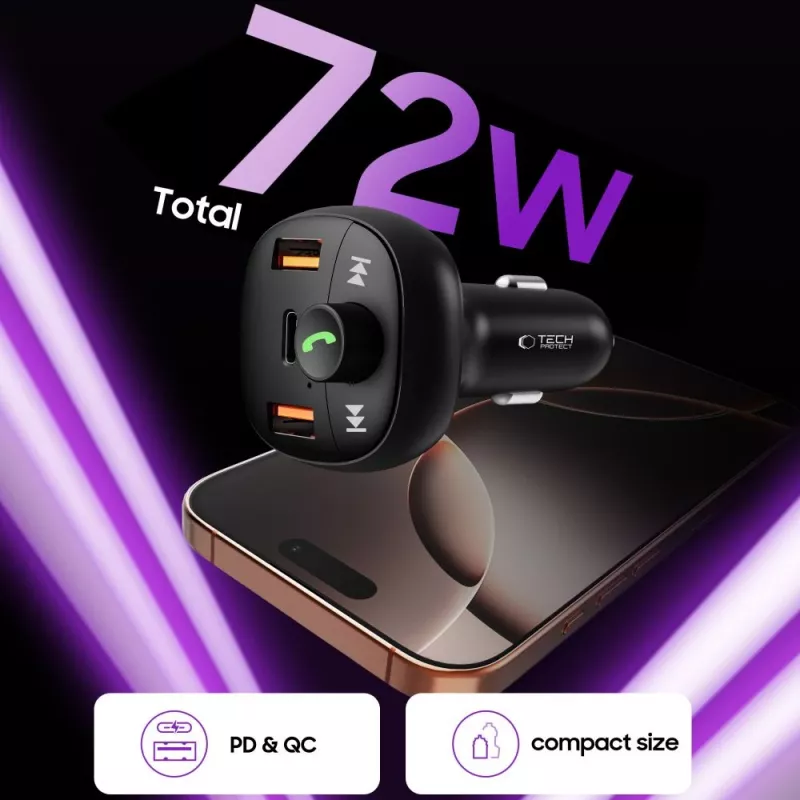 TECH-PROTECT CC06 Cargador de coche de 3 puertos PD 72W + Transmisor FM Bluetooth Negro