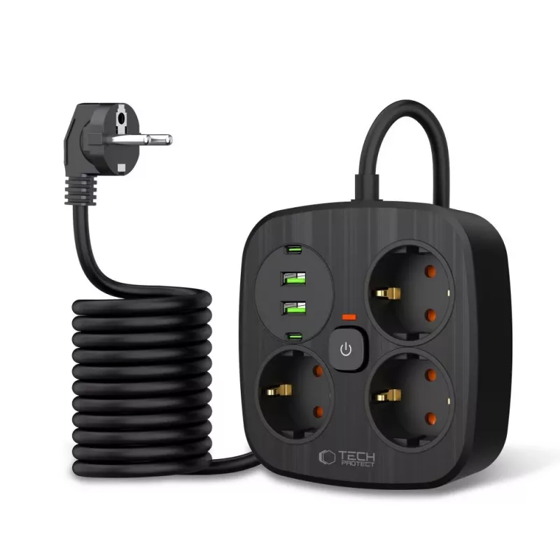 TECH-PROTECT PCS3X4 Regleta de enchufes 2 USB y 2 Type-C y 3 enchufes 200cm Negro