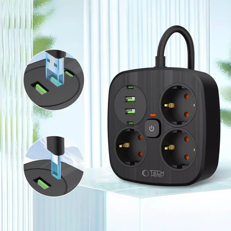 TECH-PROTECT PCS3X4 Regleta de enchufes 2 USB y 2 Type-C y 3 enchufes 200cm Negro