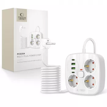 TECH-PROTECT PCS3X4 Regleta de enchufes 2 USB y 2 Type-C y 3 enchufes 200cm Blanco