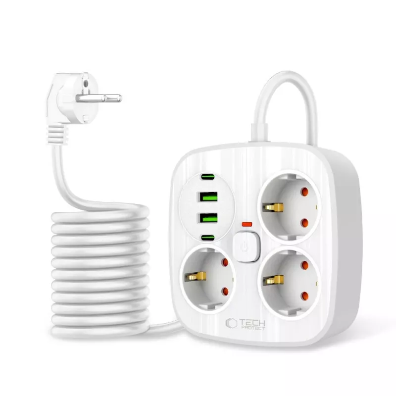 TECH-PROTECT PCS3X4 Regleta de enchufes 2 USB y 2 Type-C y 3 enchufes 200cm Blanco