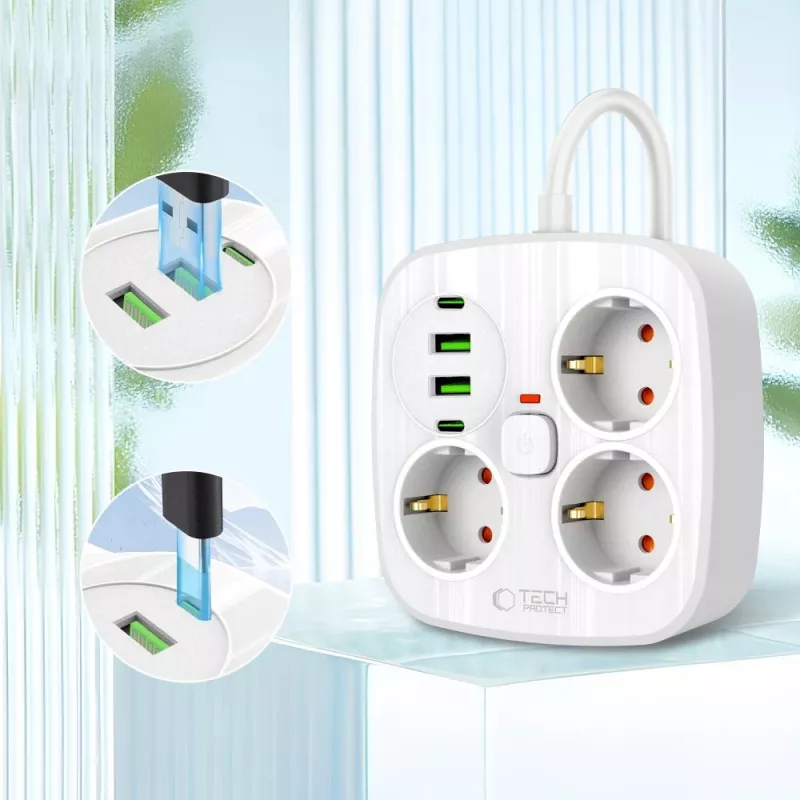 TECH-PROTECT PCS3X4 Regleta de enchufes 2 USB y 2 Type-C y 3 enchufes 200cm Blanco
