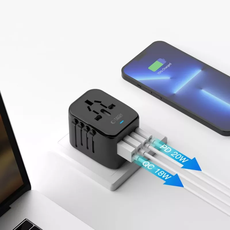 TECH-PROTECT TA200 Adaptador de viaje EU / UK / US / AU Negro