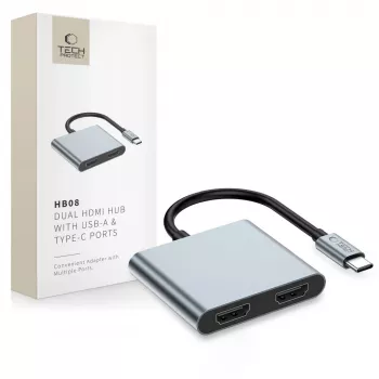 TECH-PROTECT HB08 Adaptador hub 4 en 1 USB-C + USB 2.0 + 2x HDMI 4K 60Hz Space Grey