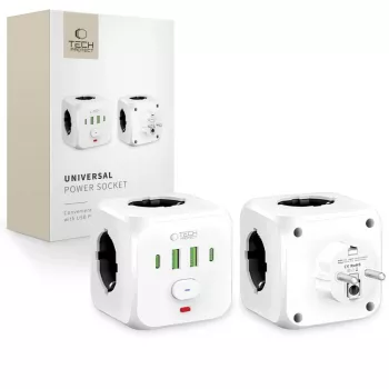 TECH-PROTECT PCL3X4 Regleta de enchufes 3 tomas Schuko 2 USB-A 2 USB-C 2 m blanca