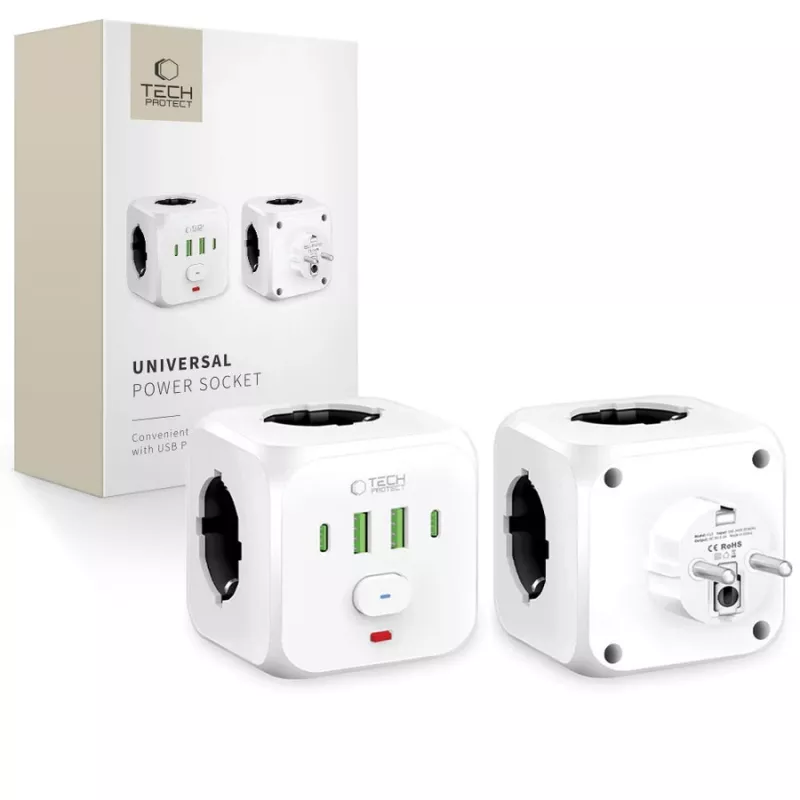 TECH-PROTECT PCL3X4 Regleta de enchufes 3 tomas Schuko 2 USB-A 2 USB-C 2 m blanca