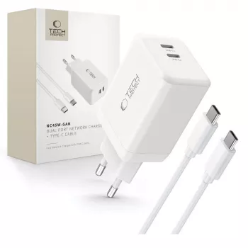 TECH-PROTECT NC45W-GAN Cargador de red de 2 puertos PD 45W + cable USB-C blanco