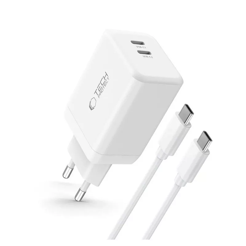 TECH-PROTECT NC45W-GAN Cargador de red de 2 puertos PD 45W + cable USB-C blanco