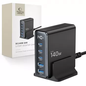 TECH-PROTECT DC140W-GAN Cargador de sobremesa de 5 puertos PD 140W / QC3.0 negro