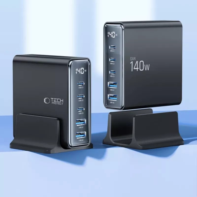 TECH-PROTECT DC140W-GAN Cargador de sobremesa de 5 puertos PD 140W / QC3.0 negro