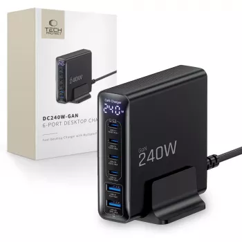 TECH-PROTECT DC240W-GAN Cargador de sobremesa de 6 puertos PD 240W / QC3.0 Negro