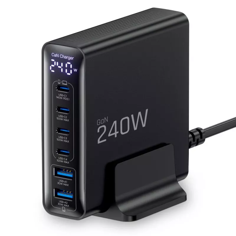 TECH-PROTECT DC240W-GAN Cargador de sobremesa de 6 puertos PD 240W / QC3.0 Negro