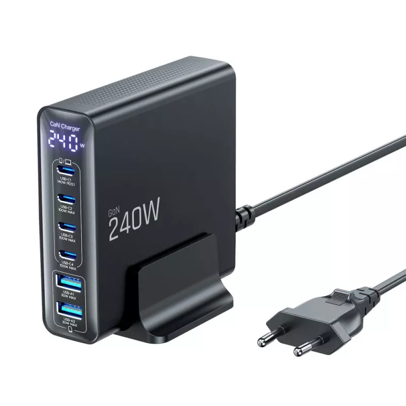 TECH-PROTECT DC240W-GAN Cargador de sobremesa de 6 puertos PD 240W / QC3.0 Negro