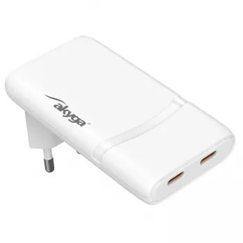 Akyga AK-CH-32 cargador USB-C GaN plano 65 W, 2 x USB-C PD, blanco