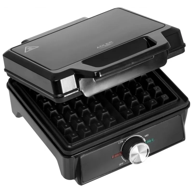 Adler AD 3088 gofrera para 2 gofres grandes, 1600 W (máx. 2000 W), placas antiadherentes, temperatura regulable, negra (AD 3088)