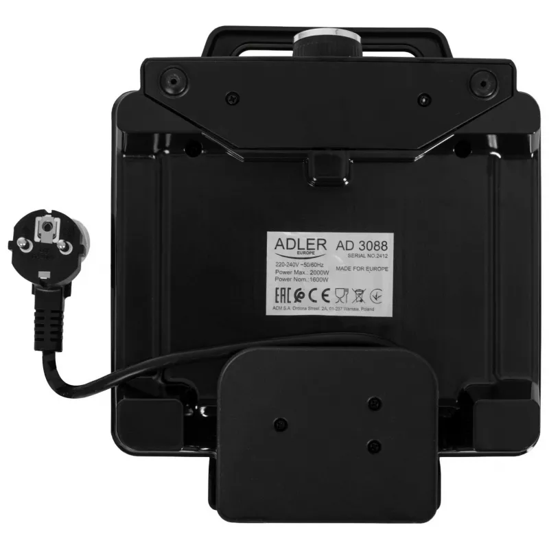Adler AD 3088 gofrera para 2 gofres grandes, 1600 W (máx. 2000 W), placas antiadherentes, temperatura regulable, negra (AD 3088)