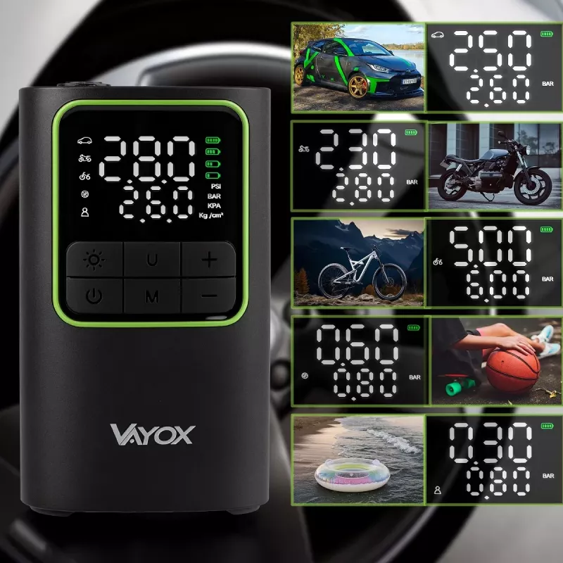 VAYOX VA0409 Bomba de aire recargable 4000mAh cilindro 19mm inflador digital de neumáticos