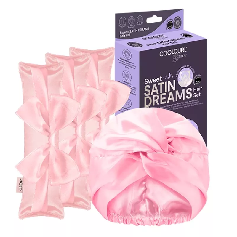 GLOV_SET Sweet Satin Dreams Rulos de pelo sin calor 3 uds. + Gorro de dormir de satén de doble capa 1 ud. negro