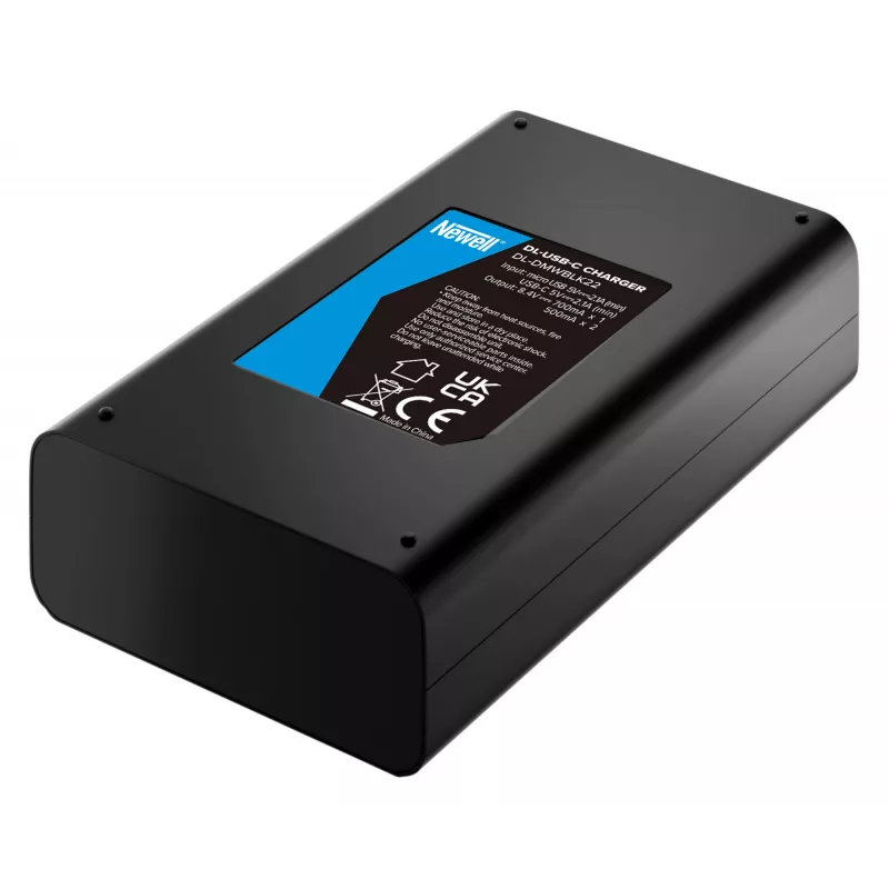Cargador USB-C de doble canal Newell DL-USB-C para batería Panasonic DMW-BLK22 Negro