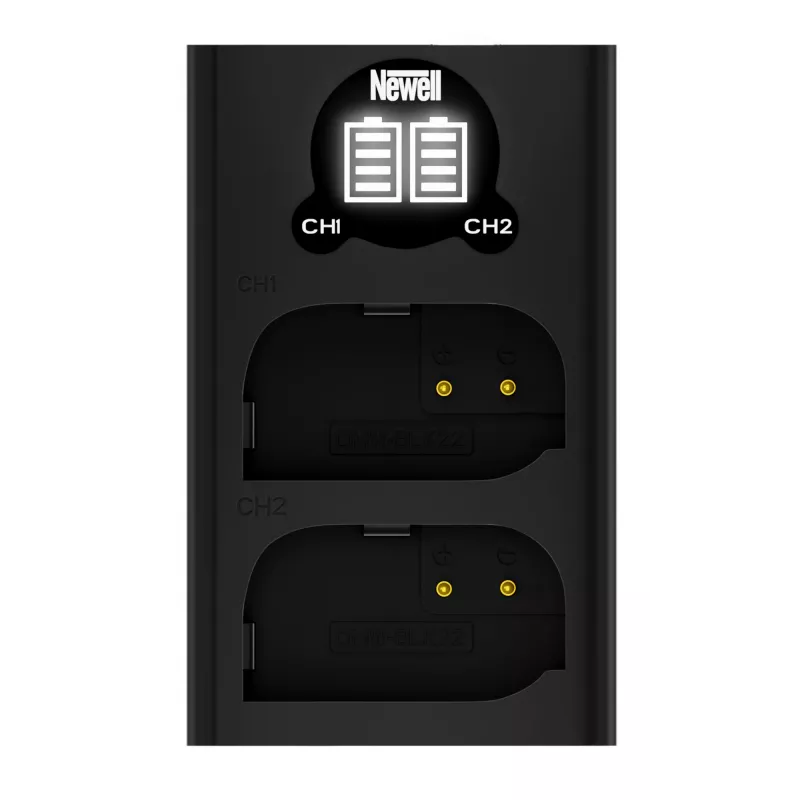 Cargador USB-C de doble canal Newell DL-USB-C para batería Panasonic DMW-BLK22 Negro