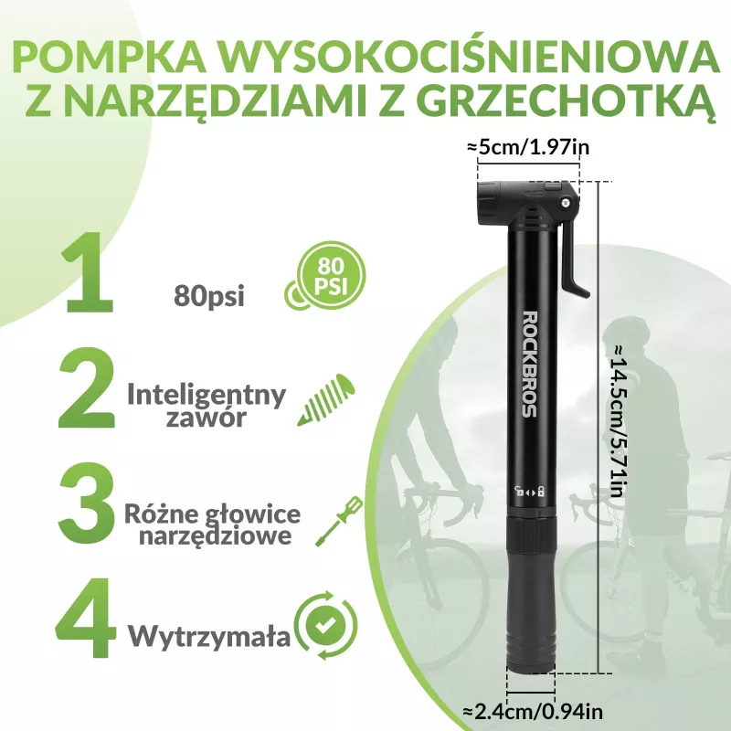 ROCKBROS Bomba de bicicleta de mano 42320010001 con destornillador - Negro
