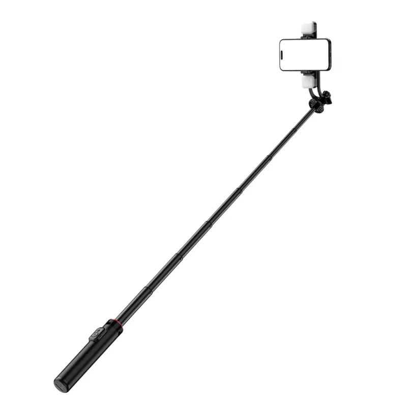 WOZINSKY Selfie Stick WC12YDS Palo telescópico 1,3 m de aleación de aluminio con doble luz LED y soporte para móvil - Negro