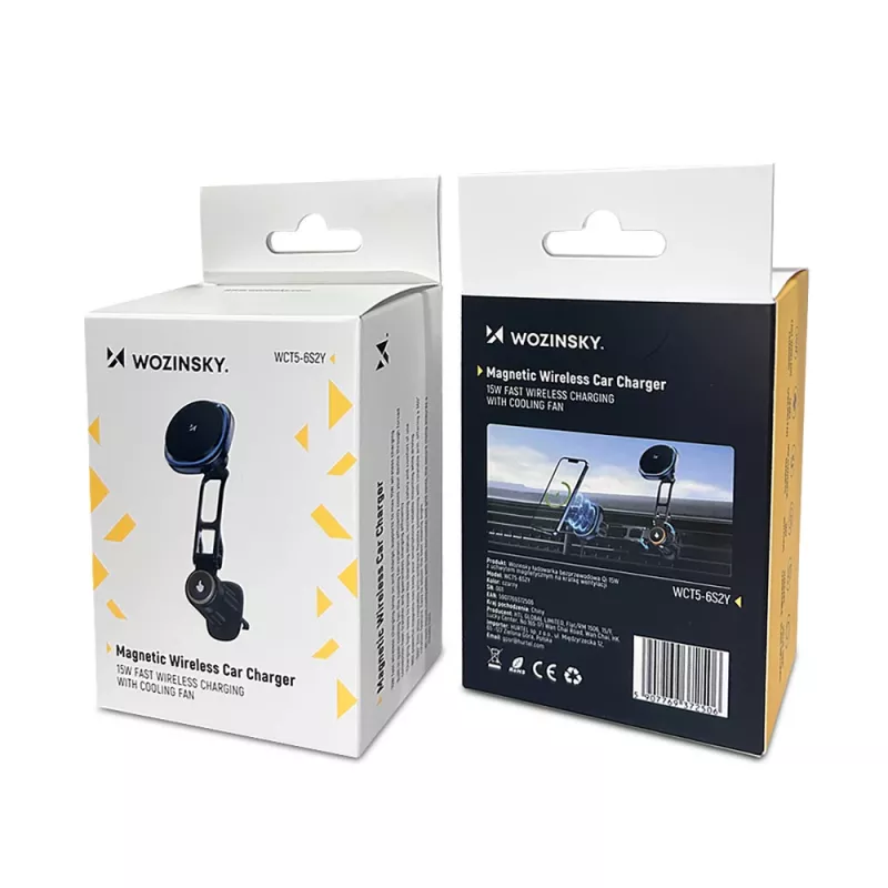 Soporte para coche Wozinsky WCT5-6S2Y con cargador inalámbrico Qi/MagSafe 15W y ventilador para rejillas de ventilación - Negro