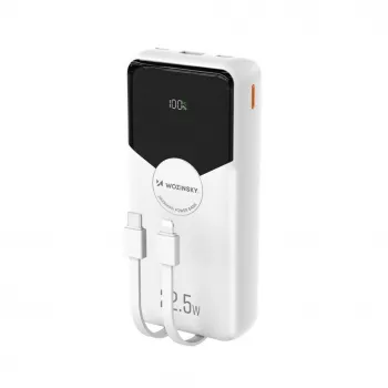 Powerbank Wozinsky WFC-15W 20000mAh 22.5W PD20W con cables Lightning y USB-C integrados - Blanco