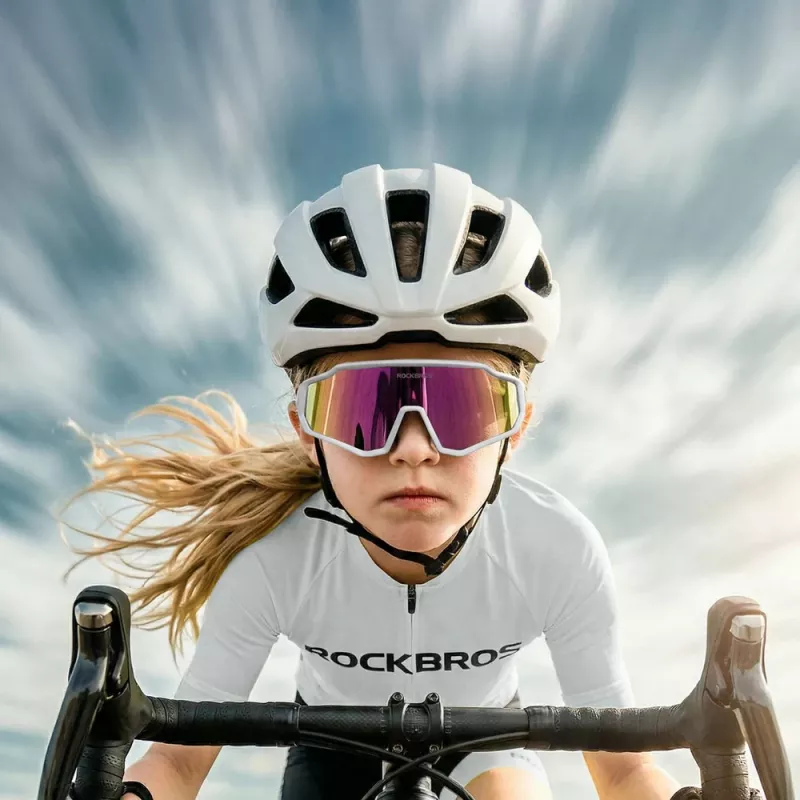 ROCKBROS SP383 Shining Warrior Gafas de ciclismo - Montura blanco mate, lentes polarizadas rojas