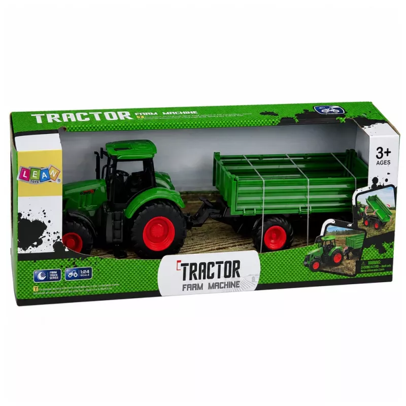 LEAN TOYS Tractor agrícola con remolque basculante, ruedas de goma, verde, 1:24