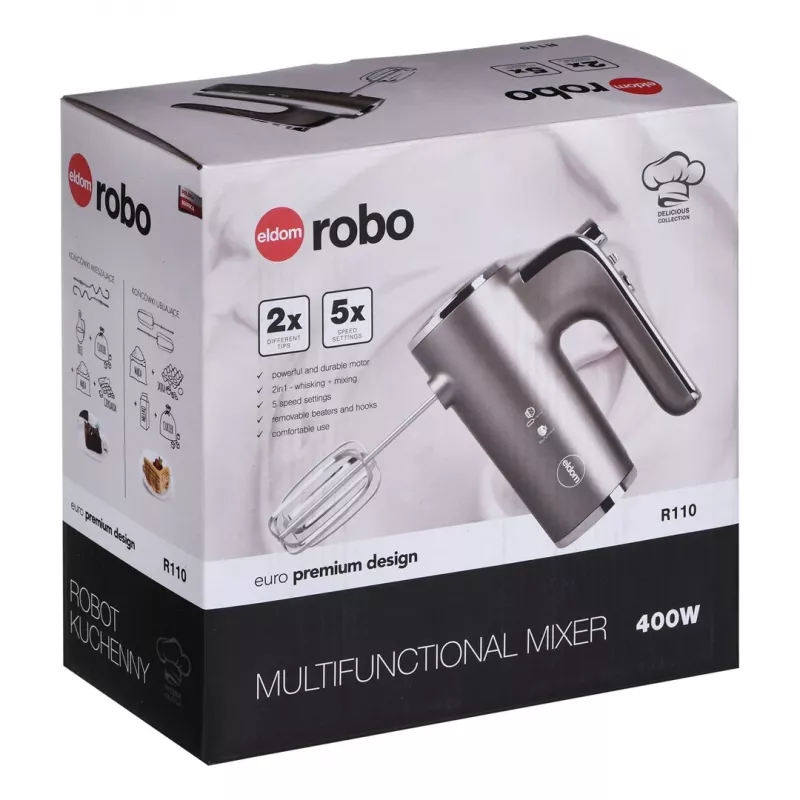 Eldom R110 Robo Batidora de mano, 400 W, 5 velocidades, función turbo, accesorios batidor y mezclador, plata (R110 robo)
