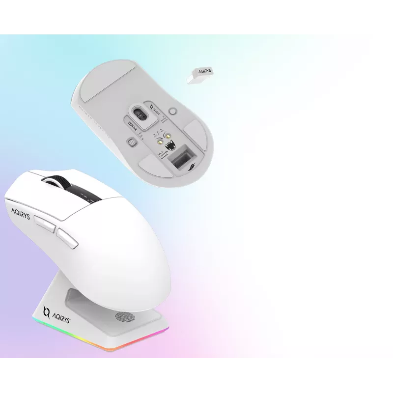 AQIRYS Zephyr ratón gaming inalámbrico, 2,4 GHz + Bluetooth, 26000 DPI, blanco